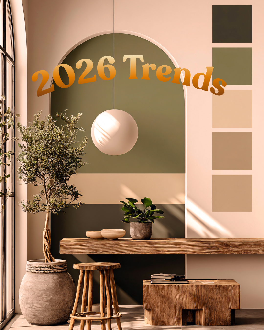 a color pallet in a nook with an olive background with squares featuring the graduated color pallet. Also, a potted tree, rustic wood table and a stool.