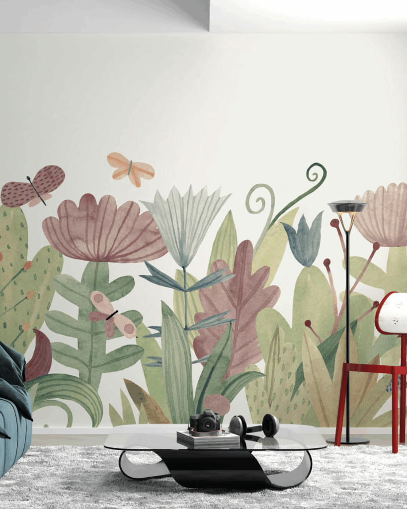 a home workout space with floral wallpaper on one wall