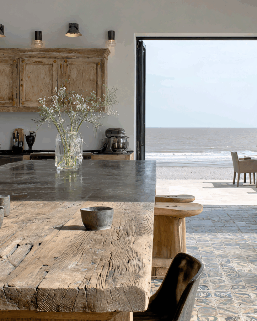 drift wood table and cabinets in a kitchen on a beach